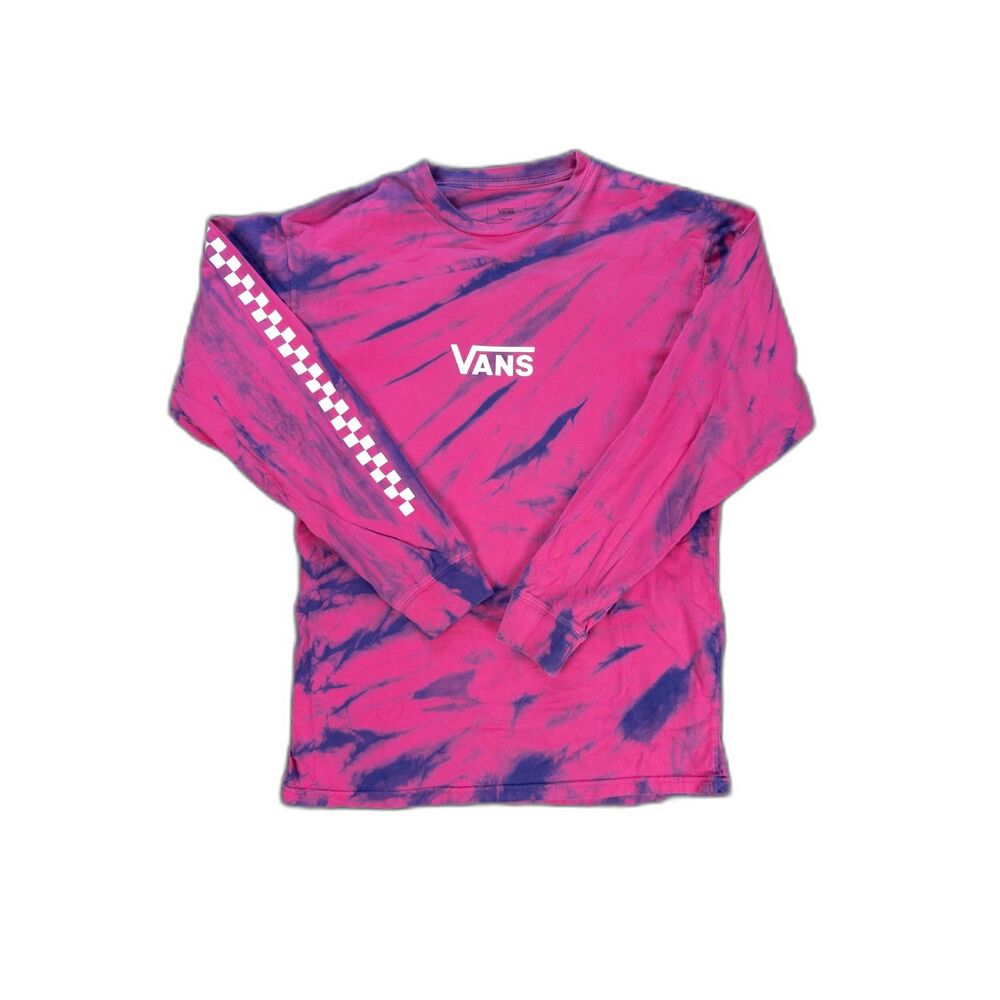 Vans Tie Dye Checker Long Sleeve T-Shirt Mens Medium Fuchsia Purple Logo Tee